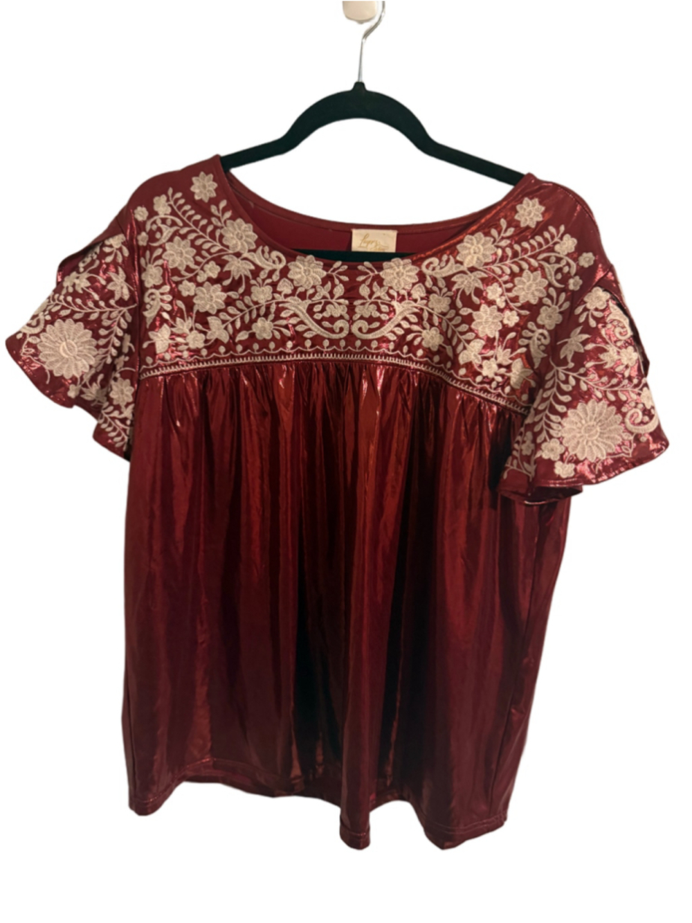 Layerz Clothing Burgundy Embroidered Metallic Babydoll Top – Size M
